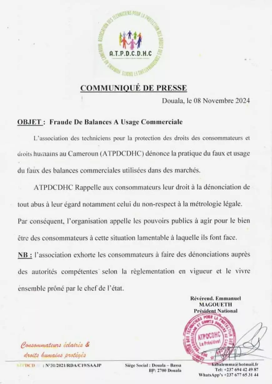 Cameroun / Fraude dans les balances : l’Atpdchc encourage les dénonciations