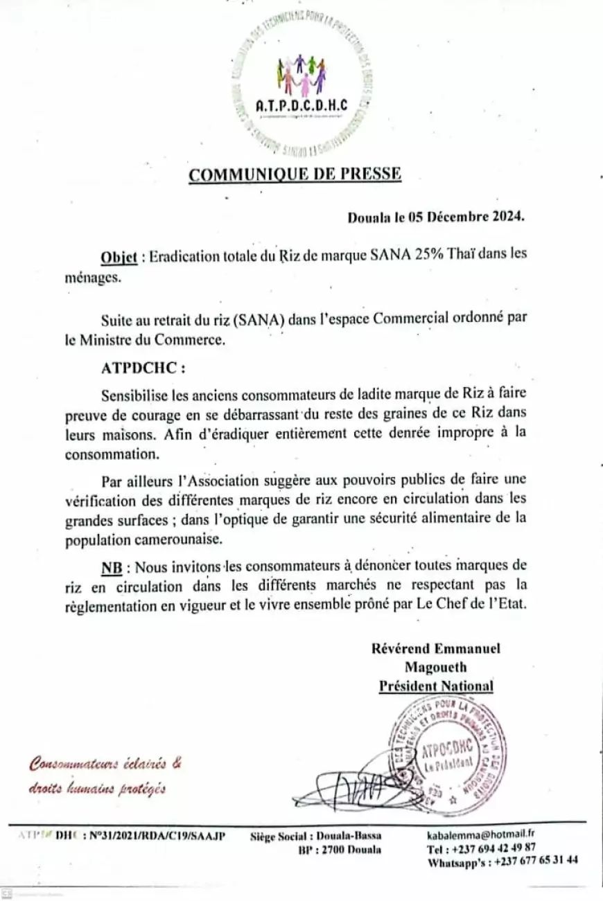 Cameroun / Riz SANA 25% Thaï retiré des marchés : l'ATPDCHC appelle à la vigilance des consommateurs