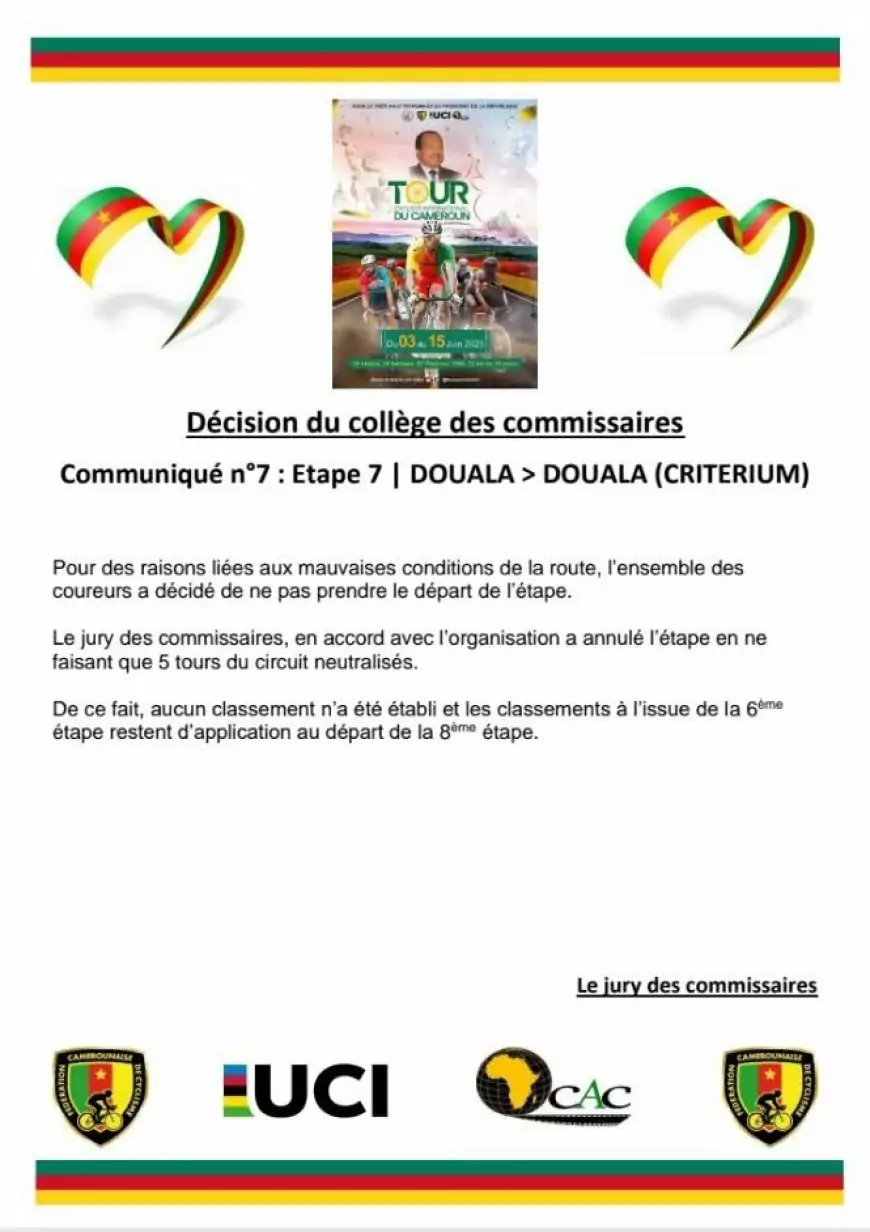 7ème étape du 21ème Tour cycliste international du Cameroun : les vainqueurs de la "kermesse" primés malgré l'annulation du critérium