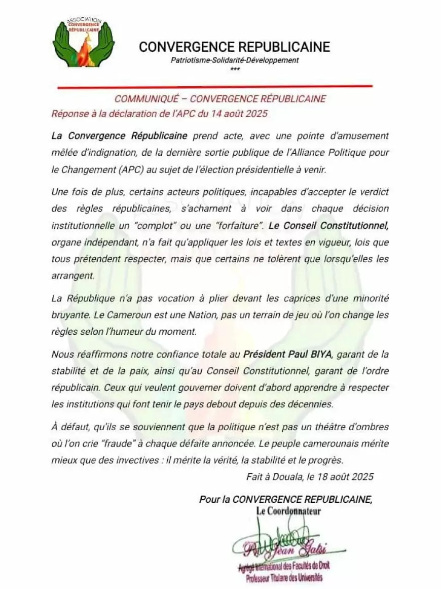 Appel à l’ordre républicain : la Convergence républicaine réagit aux déclarations de l’APC
