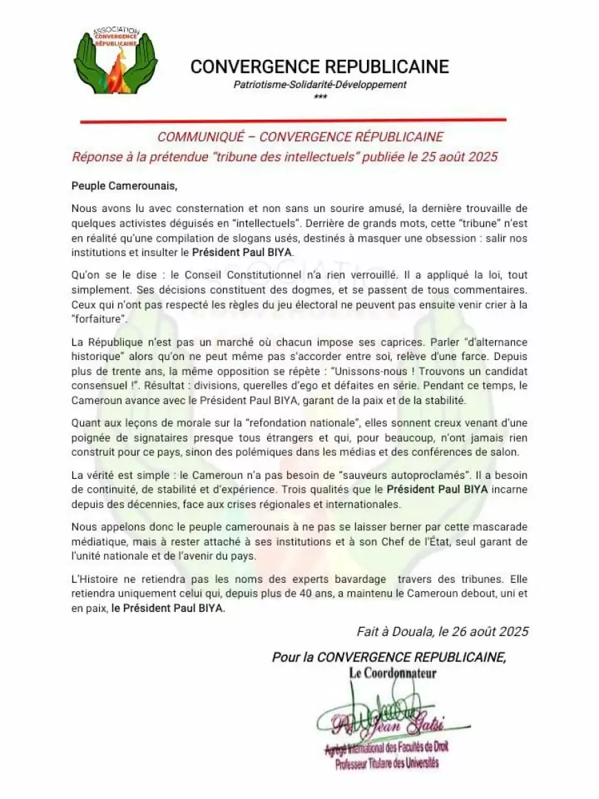 Cameroun / Sortie du “collectif d’intellectuels patriotes” : la Convergence Républicaine contre-attaque, soutien ferme au Président Paul Biya