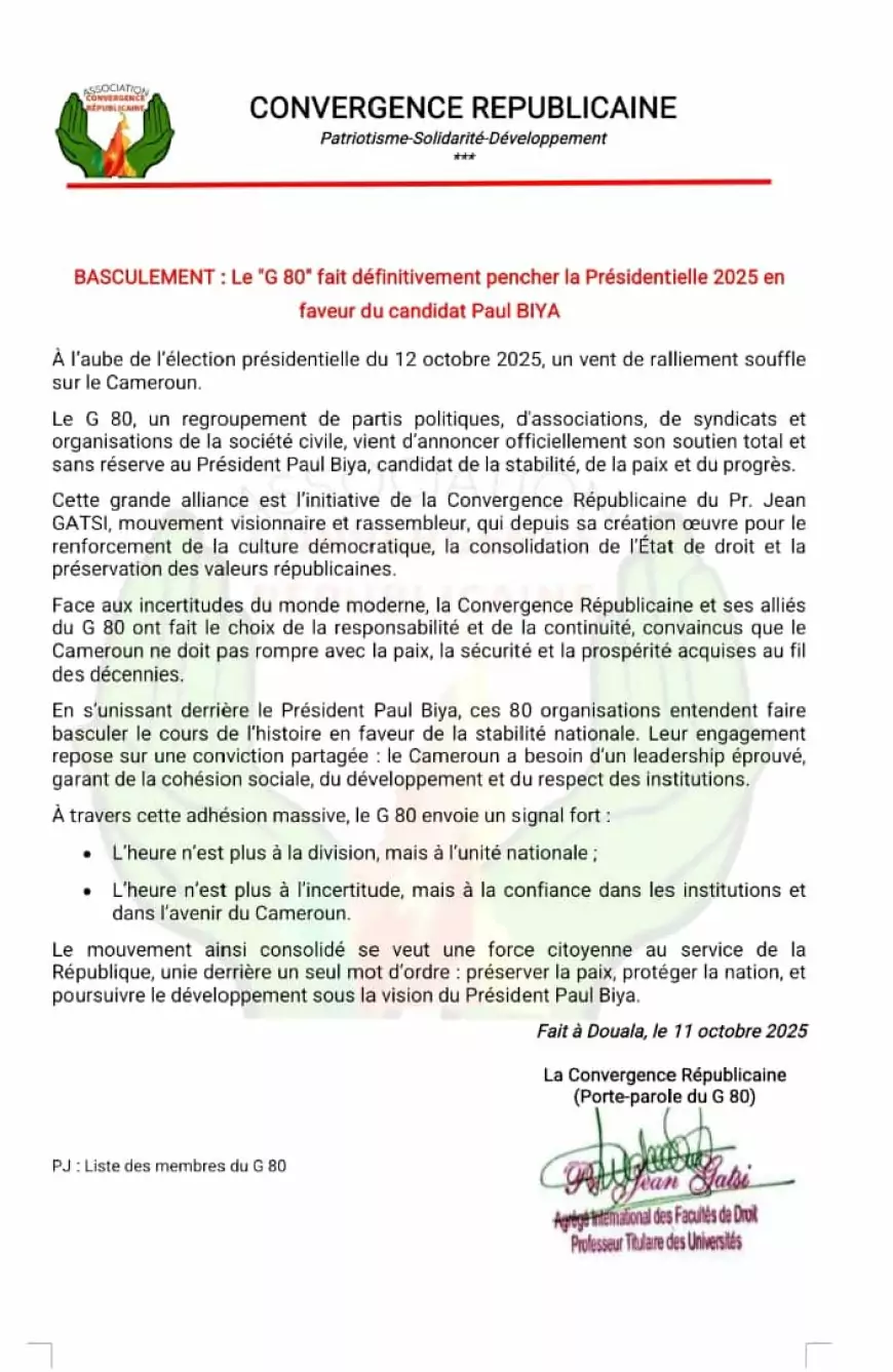 Présidentielle 2025 au Cameroun : Le G80 officialise son soutien à Paul Biya et fait définitivement pencher l’élection en sa faveur
