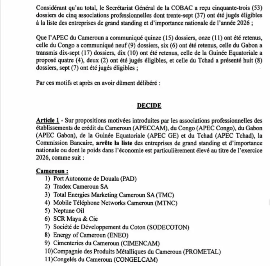 Classement COBAC 2026 : le Port autonome de Douala en tête
