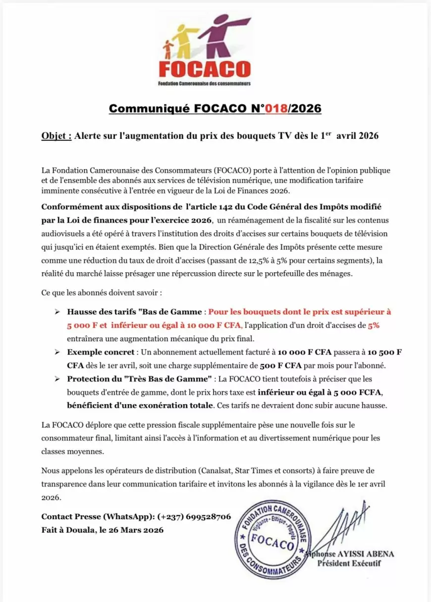 Hausse des tarifs des bouquets TV au Cameroun dès le 1er avril 2026 : la Focaco alerte !