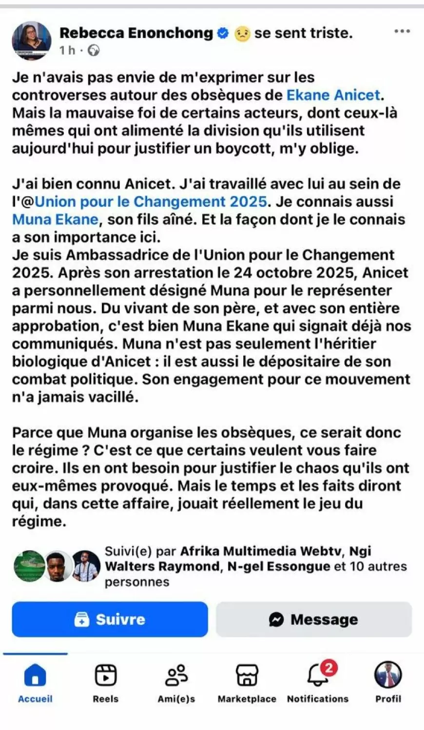 Rebecca Enonchong confirme sa participation aux obsèques d’Anicet Ékanè