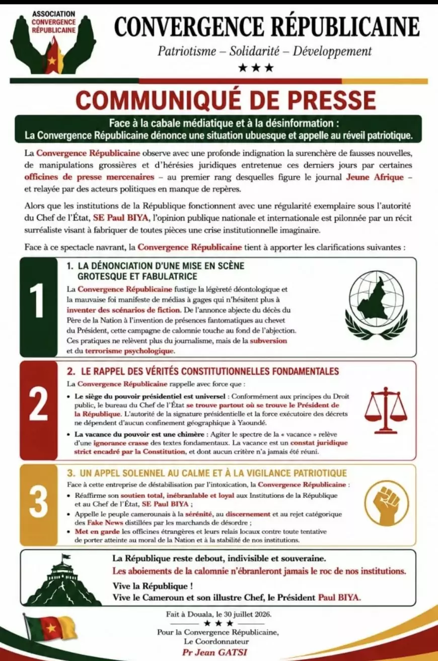Paul Biya au cœur d’une « cabale médiatique » : la Convergence Républicaine dénonce une désinformation orchestrée et appelle au réveil patriotique